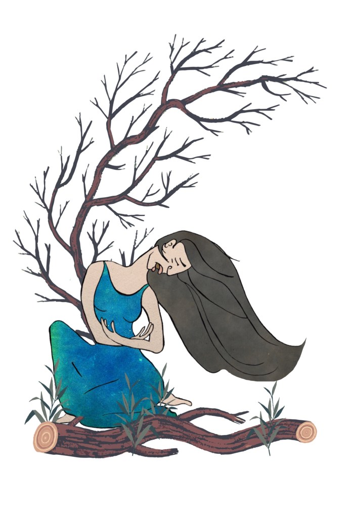 drawing of a crying woman with empty arms. art by tara caribou 