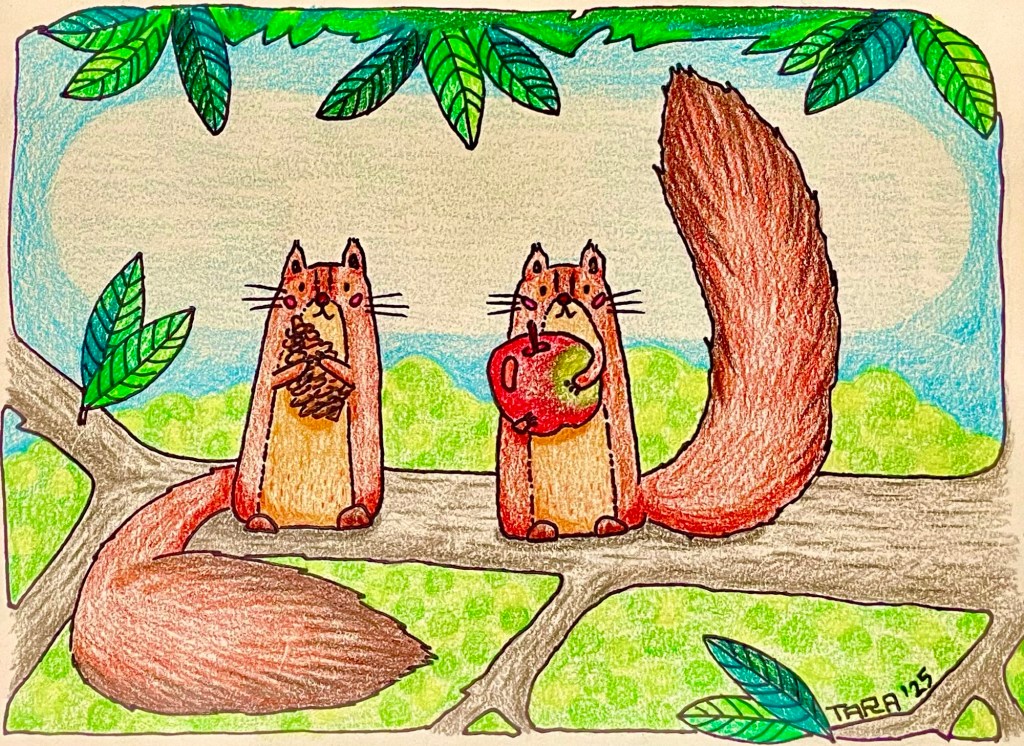 colored pencil drawing of two squirrels on a tree branch holding an apple and a pinecone, art by tara caribou copyrighted 